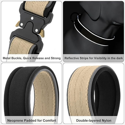 Plutus Pet Tactical Dog Collar, Reflective, Adjustable Heavy Duty Dog Collar, Soft Padded and Comfortable, for Small Medium and Large Dogs (Beige, L)