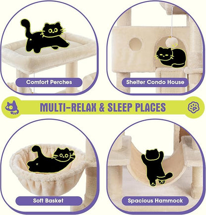WEEWAY Cat Tree Tower for Indoor Cats,65'' Multi-Level Cat Furniture Activity Center,Stand House Condo Cave,Sisal Scratching Posts Ramps,Plush Perches Platforms Basket Hammock,Beige