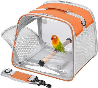 Suertree Small Bird Carrier, Large Window Travel Cage with Stand and Easy Clean Tray for Parrot Parakeet Cockatiels, Lightweight and Portable, Orange H