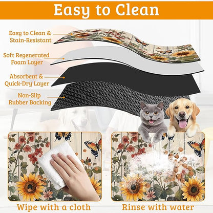 Pet Feeding Mat,Vintage Flower Absorbent Dog Cat Food Mat Rustic Wooden Dog Mat with Rubber Backing,Non-Slip Water Bowl Placemat,Pet Supplies 16" x 24"