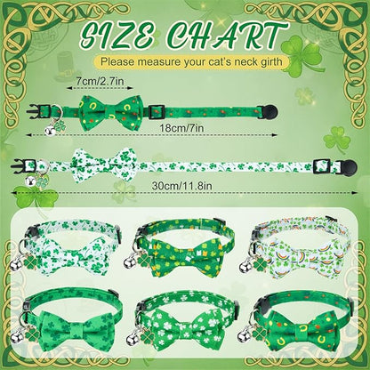 Hsei 6 Pcs St. Patrick's Day Cat Collar Bulk with Bow Tie Bell Irish Lucky Shamrocks Clover Green Hats Rainbows Kitten Adjustable Breakaway Bowtie Collar for Cats Small Dog Holiday Party Favors Gifts