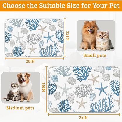 Seashell Beach Feeding Mat,Coral Starfish Absorbent Quick-Dry Cat Dog Food and Water Bowl Mats,Non-Slip Rubber Backing Mat,Cat Dog Accessories Supplies 12" x 20"