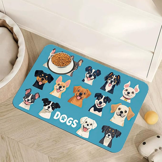 Cute Dog Cat Food Mat,Absorbent Pet Feeding Mat with Rubber Backing,Non-Slip Water Bowl Placemat,Indoor Pet Accessories Supplies 12"x20"