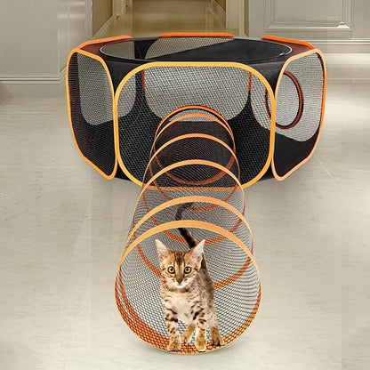 Cat Outdoor Enclosures Tunnel Playpen - Portable Playpen Indoor Collapsible Cats Enclosure with Shade Cover 2 Tunnels for Large Small Pets Animal Outside Catio Happy Travel Camping Back Yard