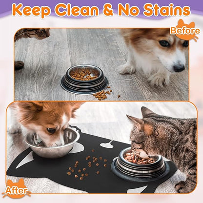 Pet Mats for Food and Water Dog Cat Food Mats Pet Feeding Mat Anti-Slip No Stains Quick Dry Floors Waterproof Placemat Food Water Bowl Mat Halloween Decorations - 23.6"x15.7" Black Cat