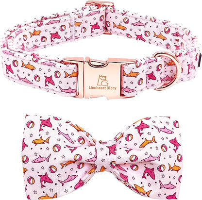 Lionheart glory Dog Collar Shark Print Dogs Bow Collar Adjustable Soft Pink Dog Collars Male or Female Summer Spring Collars with Bowtie for Small Dogs Puppy