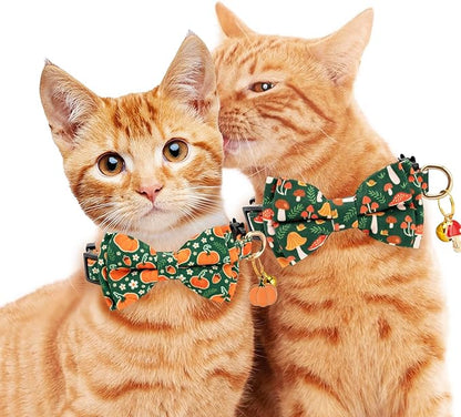 2 Pack Cotton Cat Collar with Bow Tie and Bell for Male Female Cats,Soft Fancy Breakaway Kitty Kitten Collar with Ghost& Pumpkin Patterned Design for Boy Girl Cats. (Pumpkin&Mushroom)