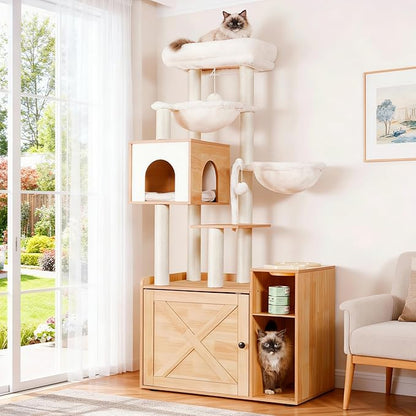 Hey-brother Cat Tree with Litter Box Enclosure, Modern Cat Tower for Indoor Cats with Large Platform, Condo Food Station and 2 Hammocks, All-in-one Cat Furniture, Wood Walnut MPJ115WB