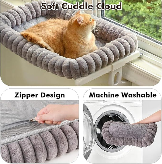 Cloud-Cuddle Cat Window Perch with 4-Sided Bolster, Zipper Design Cushion Window Seat for Window Sill, Sturdy Metal Frame & Easy Assembly Pet Hammock Bed for Indoor Cats (Gray, Large)