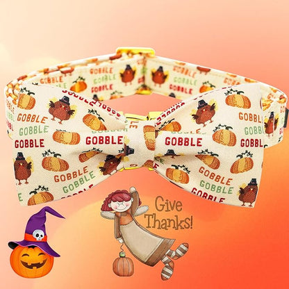 Dog Collar, Thanksgiving Turkey Pet Collar Bow Holiday Girl Boy Bow Dog Collars Puppy Collar Adjustable for X-Small Dogs