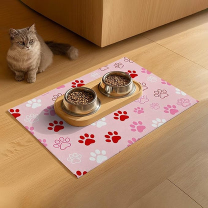 Puppy Paw Print Pet Feeding Mat 24x16 Inch Cute Pet Feeding Area Mat Pet Food Mat Pet Mats for Food and Water Dog Mat for Food and Water Indoor Feeding Corner Kitchen Floor Decor