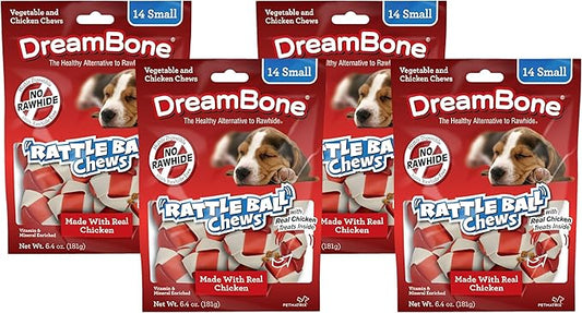DreamBone RattleBall Small Chews, Rawhide-Free Chews for Dogs, with Real Chicken Treats Inside, 14 Count (Pack of 4)