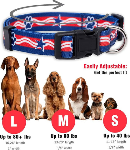 Native Pup American Flag Dog Collar- Red White and Blue- Patriotic Collars for 4th of July, USA- Adjustable Small, Medium, Large Breed Dogs (Small, Paws)