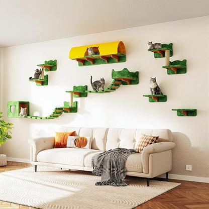 16-in-1 Cat Wall Shelves, Wall Mounted Cats Furniture Set w/Plush Fabric, Cat Climbing Systems, Cats Shelf with 40''L Tunnel, Condos, House, Steps, Bridge Ladder & Scratching Post, Green