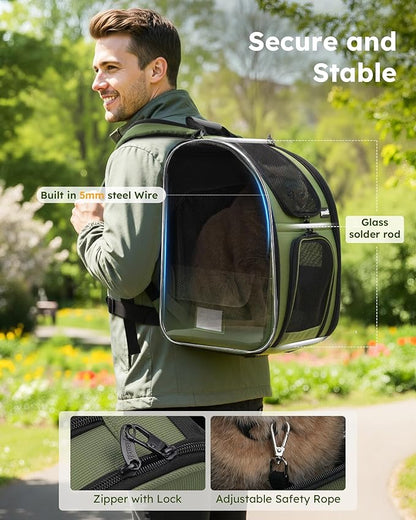Pecute Expandable Cat Backpack Carrier, Backpack for Cats & Small Dogs Up to 11lbs, with 4-Side Breathable Mesh, Multi-Entry & Lockable Zippers for Travel, Hiking, Camping - Hands Free, Green