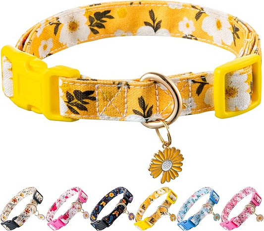 Cotton Dog Collar Yellow Flower Pattern for Boys and Girls Cute Dog Collars Summer Fall Gift Adjustable for Medium to Large Breed Dogs (M)