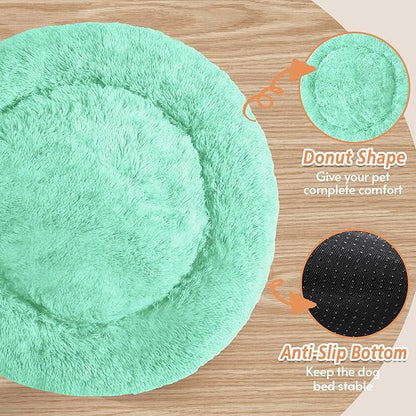 JOLLYVOGUE Calming Dog Bed Medium Size Dog, Anti-Anxiety Donut Medium Pet Bed, 31 inches Fluffy Faux Fur Round Cat Bed, Fits up to 45 lbs Pets (Mint Green)