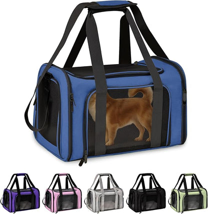 Pet Travel Carrier Bag – Airline Approved Soft-Sided Dog & Cat Carrier, Foldable, Breathable Mesh, Washable Pad – Fits Pets up to 15 lbs – The Pup Quartet (Blue)