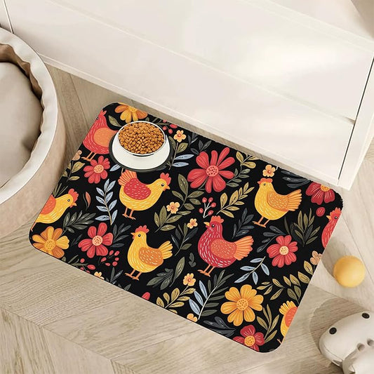 Chicken Rooster Hen Flower Meadow Dog Cat Food Mat,Absorbent Pet Feeding Mat with Rubber Backing,Non-Slip Water Bowl Placemat,Indoor Pet Accessories Supplies 12"x20"