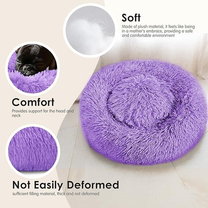 28in Large Dog Bed, Medium Size Dog and Cats, Calming Donut Bed for Puppy and Kitten, Washable Round Fluffy Pet Bed (Purple)