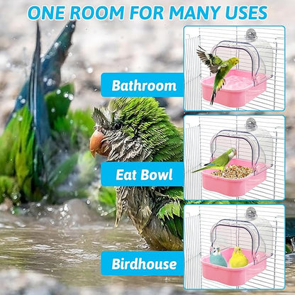 Tfwadmx Bird Cage Bath Hanging Parrot Bath Tub Water Shower Food Feeder Holder Tray Bird Bath Supplies for Small Birds Canary Budgies Cockatiel Lovebirds (Pink)