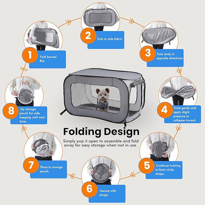 Beatrice Home Fashions Portable, Collapsible, Pop Up Kennel Travel Cat and Dog Crate, 32.5" L x 19.5" W x 19.5" H, Gray