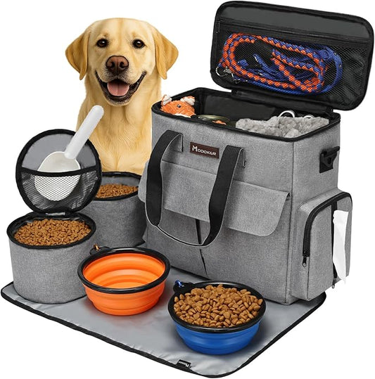 Modoker Dog Travel Bag, Weekend Pet Travel Set for Dog and Cat, Airline Approved Tote Organizer with Multi-Function Pockets, 2 Food Storage Containers, 2 Collapsible Bowls, 1 Feeding Mat (Grey)