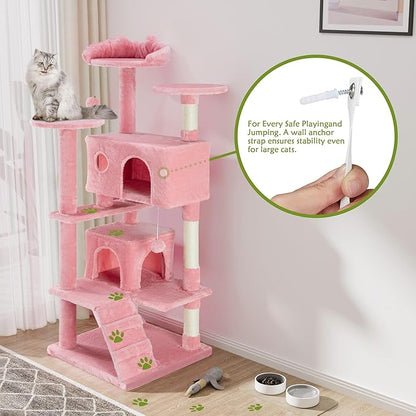 54 Inches Cat Tree Tower Condo, Cat Tower for Indoor Cats, Multi-Level Furniture Activity Center with Wide Base, Cozy Plush Cat Perches, Detachable Toy, Pink