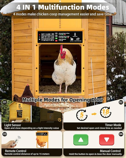 2025 Upgrade 7W Solar Power Chicken Door, Pet Deluxe Automatic Chicken Coop Door with 10PCS Wire Clip, Timer, Light Sensor, LCD Display & Anti-Pinch Durable Aluminum Auto Coop Door with 4 Modes-Gold