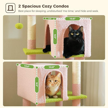 Flower Cat Tree, 62-Inch Tall Multi-Level Cat Tower with Scratching Posts for Large Indoor Cats, Plush Bed w/Padded Perches, Scratching Pad & 2 Green Pompoms, Pink