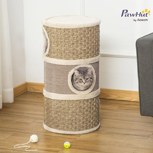 PawHut 28 Inch Cat Condo, 3 Story Cat Hideaway with Sisal Scratching Pad, Barrel Shaped Small Cat Tree for Indoor Cats, Khaki and Brown