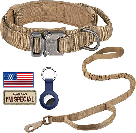 DAGANXI Tactical Dog Collar Leash Set, Adjustable Military Training Nylon Dog Collar with Controll Handle and Heavy Metal Buckle for Medium and Large Dogs，with Patches and Airtags Case (XL, Brown-SET)