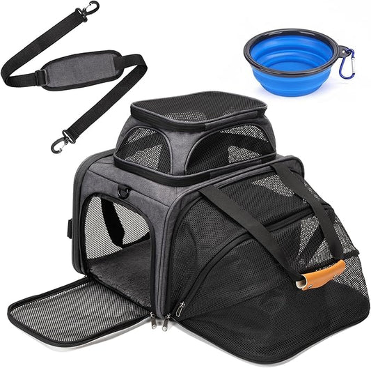 Expandable Pet Carrier Bag - Airline-Approved, Breathable Mesh, Secure Zippers, Padded Handle & Multi-Pockets (Light Grey)
