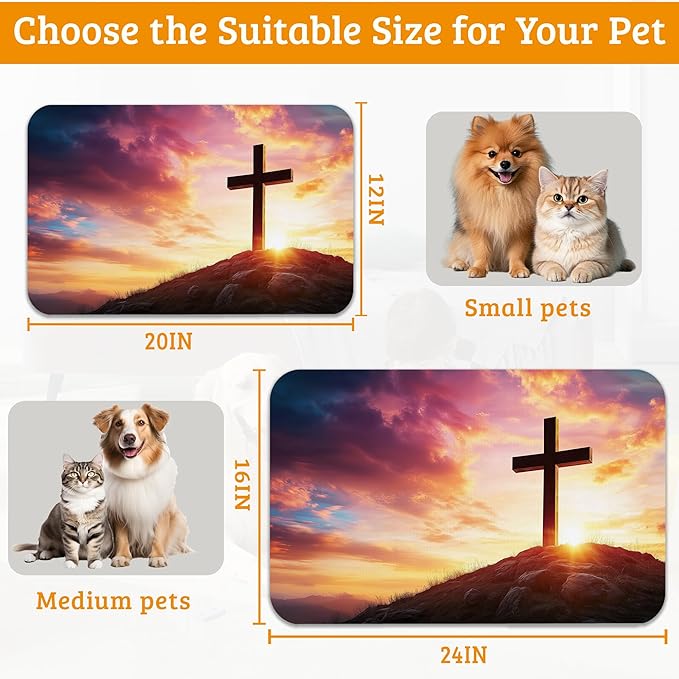 Pet Feeding Mat,Cross Absorbent Dog Cat Food Mat Sunset Dog Mat with Rubber Backing,Non-Slip Water Bowl Placemat,Pet Supplies 12" x 20"