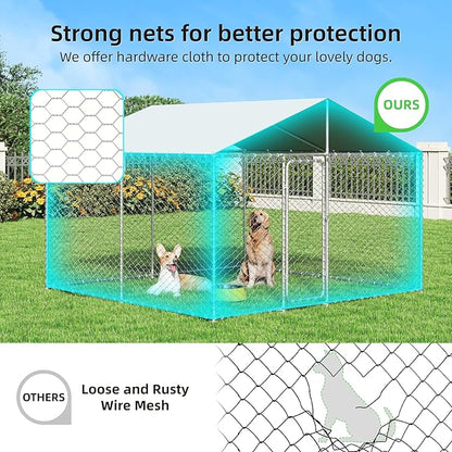 10x10 FT Outdoor Dog Kennel Outside with Metal Large Dog Gate, Outdoor Dog Pens with Roof, Heavy Duty Dog Kennel for Backyard Farm Use (124x124x87IN)