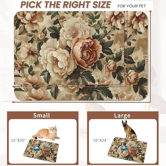 Roses Peonies Pet Feeding Mat,Vintage Luxury Shabby Chic Flower Absorbent Quick-Dry Cat Dog Food and Water Bowl Mats,Non-Slip Rubber Backing Mat,Cat Dog Accessories Supplies 12"x20"