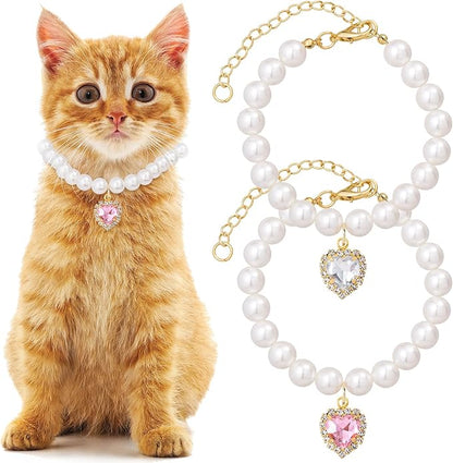 2pcs Cat Dog Pearl Collar, Small Heart Shape Rhinestone Pet Necklace, Adjustable Wedding Party Pet Jewelry Accessories for Puppy Small Cats- White & Pink