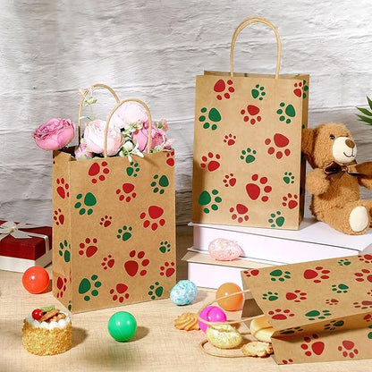 Blulu 20 Pcs Puppy Dog Paw Gift Bags with Paper Twist Handles, Dog Gift Paper Paw Treat Goodie Bags for PET Treat Party Favor, 6.3 x 3.1 x 8.6 Inch (Kraft Backing, Red Green Paws)