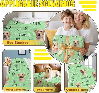 Personalized Paw Print Dog Blanket with Pet Name Face-Custom Puppy Blankets with Picture for Dogs-Customized Dog Memorial Throw Fleece Blanket-Loss of Pets Supplies Sympathy Gift for Bed Sofa Travel