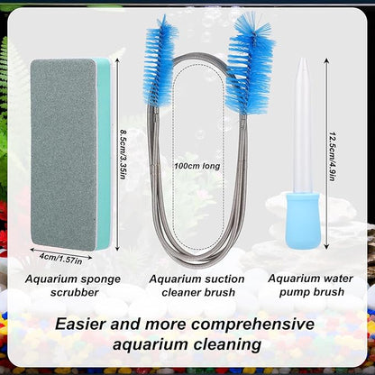 Aquarium Cleaning Tools Kit, Includes 4 Double Sided Sponge Scrubbers 2 Suction Cleaner Brushes & Water Pump Brush for Fish Tank Cleaning & Maintenance