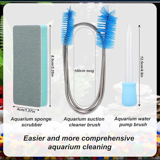 Aquarium Cleaning Tools Kit, Includes 4 Double Sided Sponge Scrubbers 2 Suction Cleaner Brushes & Water Pump Brush for Fish Tank Cleaning & Maintenance