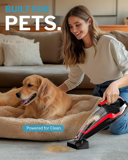 Pet Hair Handheld Vacuum Cordless, Car Vacuum Rechargeable with Reusable Filters, Motorized Brush and Multi-Accessories for Carpet, Couch & Stairs, Red, 17.0"X 4.6"X 6.6"