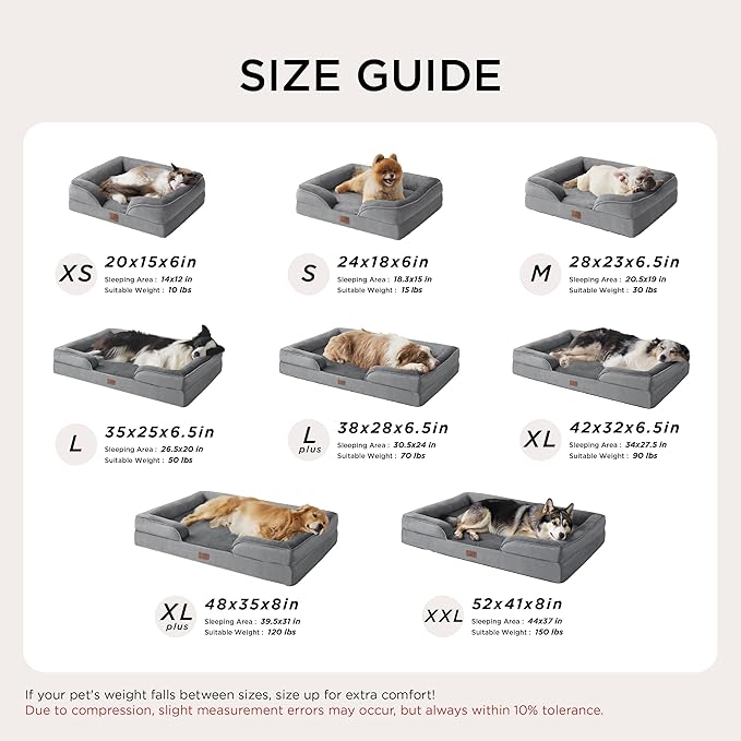 Bedsure L Plus Orthopedic Dog Bed for Large Dogs - Washable Dog Cat Bed Waterproof, L Plus Big Comfort Dogs Couch Sofa with Washable Removable Cover, Pet Bed with Nonskid Bottom, Grey, 38"