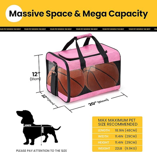 Dog Carrier Soft Sided, Large Cat Carrier with Inner Safety Leash, Pet Transport Carrier for Large Cats and Medium Dogs up to 20 Lbs, Collapsible Travel Puppy Carrier Bag -Pink L