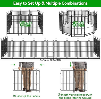 Dog Fence Outdoor 16 Piece Panels 32" Height, Square Steel Pipe with Reinforced Crossbars, Anti-Rust Heavy Duty Dog Playpen with Doors Portable for Yard RV Camping, Total 36FT, 103 Sq.ft, Snowy Black