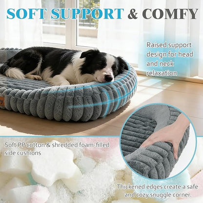Orthopedic Dog Bed for Extra Large Dogs, Comfort-Sided Calming Pet Bed Couch with Breathable Memory Foam, Plush Faux Rabbit Fur & Anti-Slip Bottom, Machine Washable, 43"x31"x5.5", Grey