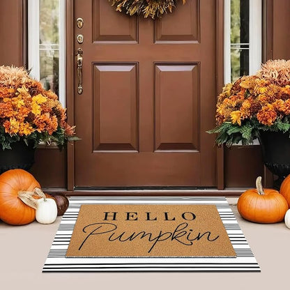 Tinideya 2 Pcs Door Mat Welcome Non Slip Coir Mats Floor Layering Doormats Seasonal for Front Porch Entryway Decor(Hello Pumpkin)