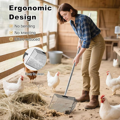 Chicken Poop Scooper & Rake 2-in-1, 304 Stainless Steel Shovel Head, Chicken Litter Scoop for Chicken Coop & Pet Waste Cleaning, Cleaning Tools for Chicken Coops & Farm Animals Scoop
