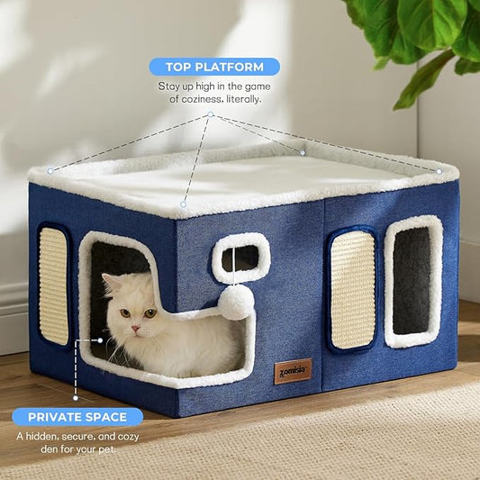 Extra-Wide Cat House for Indoor Cats - Large Cat House for Pet with Fluffy Ball Hanging and Scratch Pad, Foldable Cat Hideaway for Multi Cats, 23x16.5x13 inches, Green