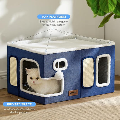 Extra-Wide Cat House for Indoor Cats - Large Cat House for Pet with Fluffy Ball Hanging and Scratch Pad, Foldable Cat Hideaway for Multi Cats, 23x16.5x13 inches, Grey